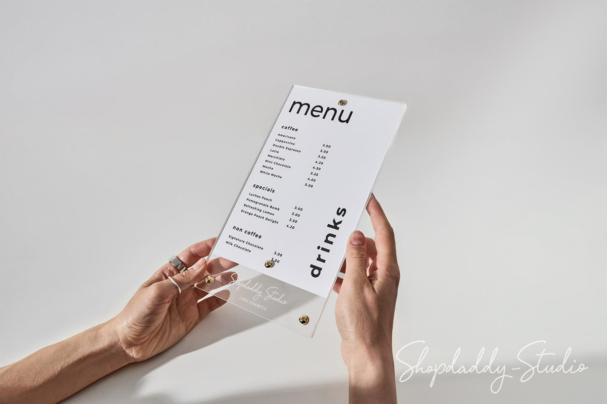 Modern Clear Acrylic Menu Holder with Brass Bolts