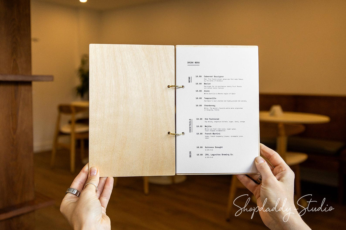 Modern Matt Lacquer Plywood Menu Book with Golden Rings