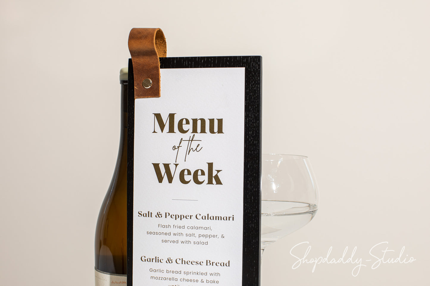 Modern Menu Board with Leather Loop and logo