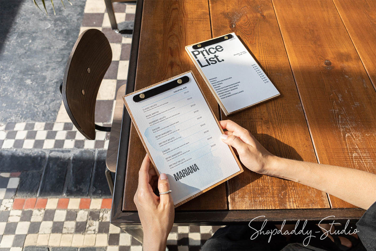 Modern Menu Holder With Rounded Leather Plank