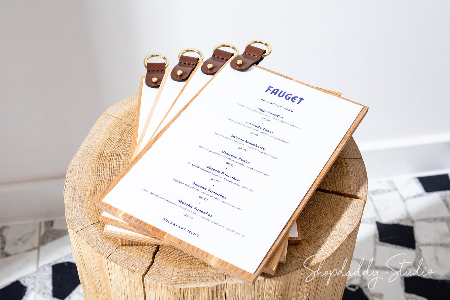 Modern Menu Holder with leather strap for cocktail menu