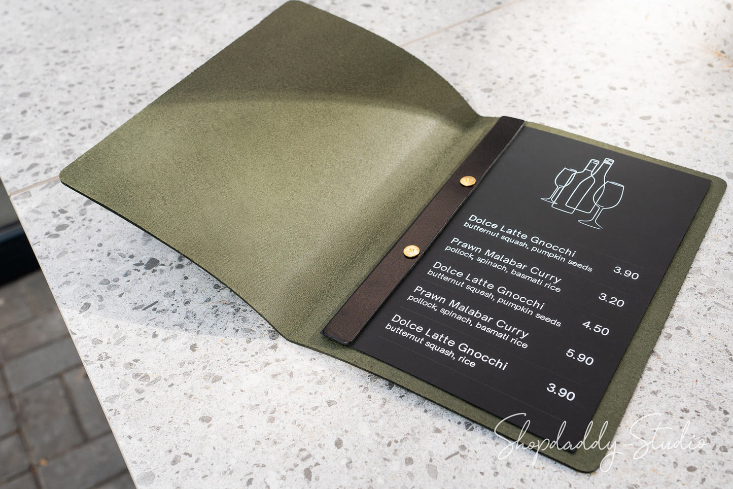 Green Thick Leather Menu Folio with Plank for restaurant