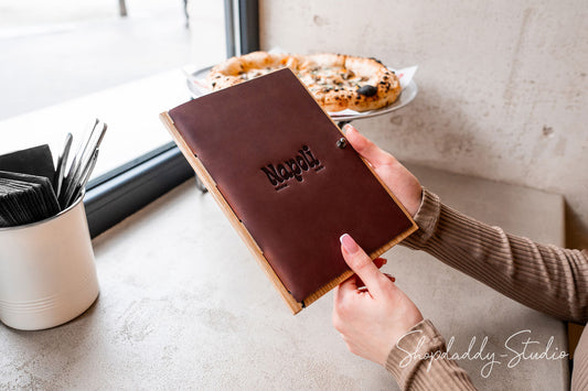 Modern Wood Menu Holder With Leather Cover