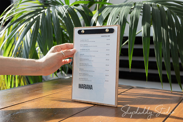 Modern Wood Menu Holder With Rounded Leather Plank
