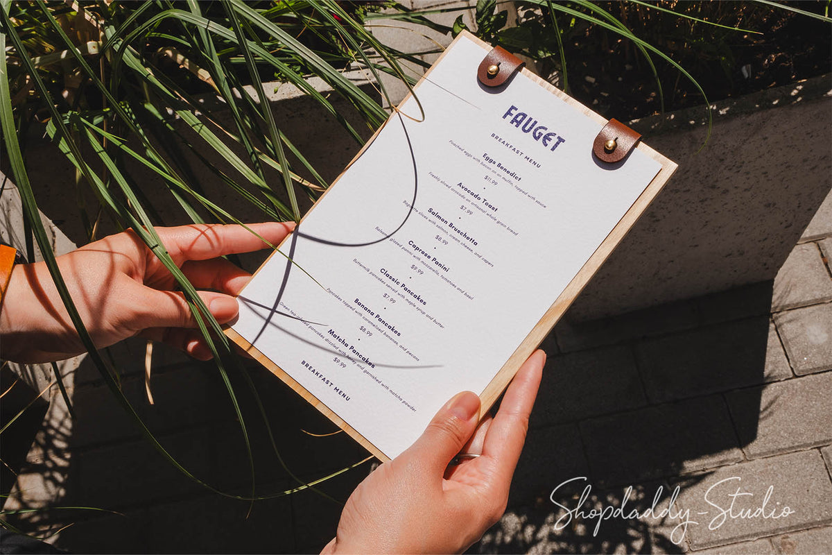 Modern Wood Menu Holder with Two Leather Clasps