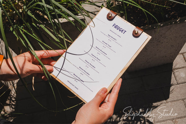 Modern Wood Menu Holder with Two Leather Clasps