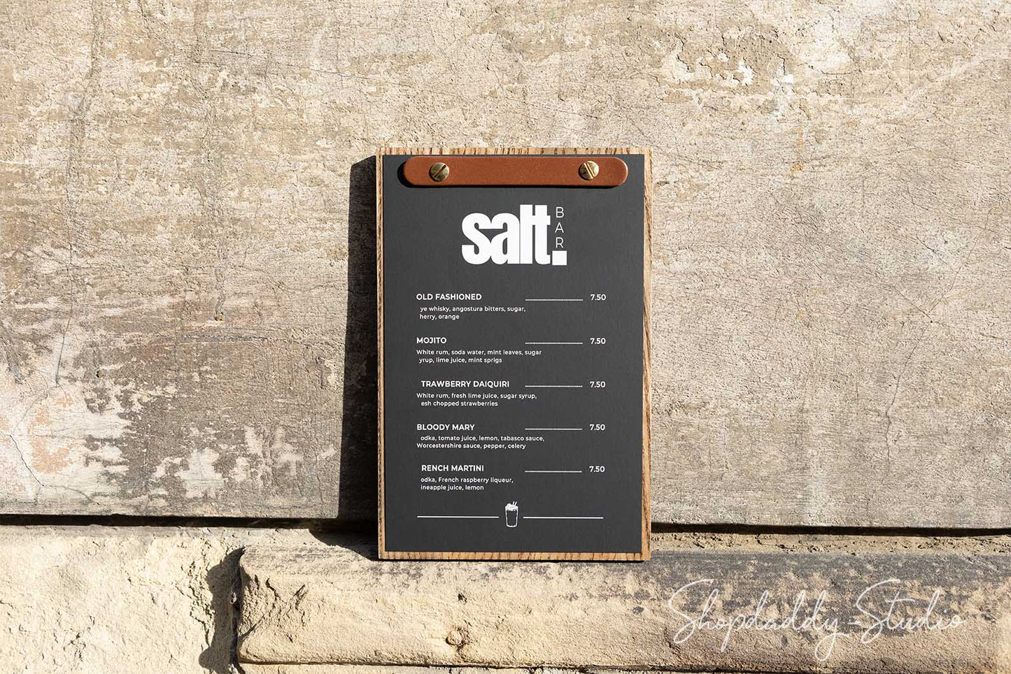Modern Wooden Menu Holder With Rounded Leather Plank