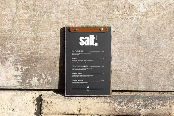 Modern Wooden Menu Holder With Rounded Leather Plank