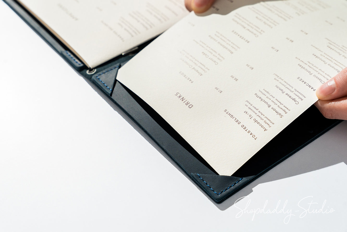 Navy Blue Double Leather Menu Cover with Corners for Menu Presentation