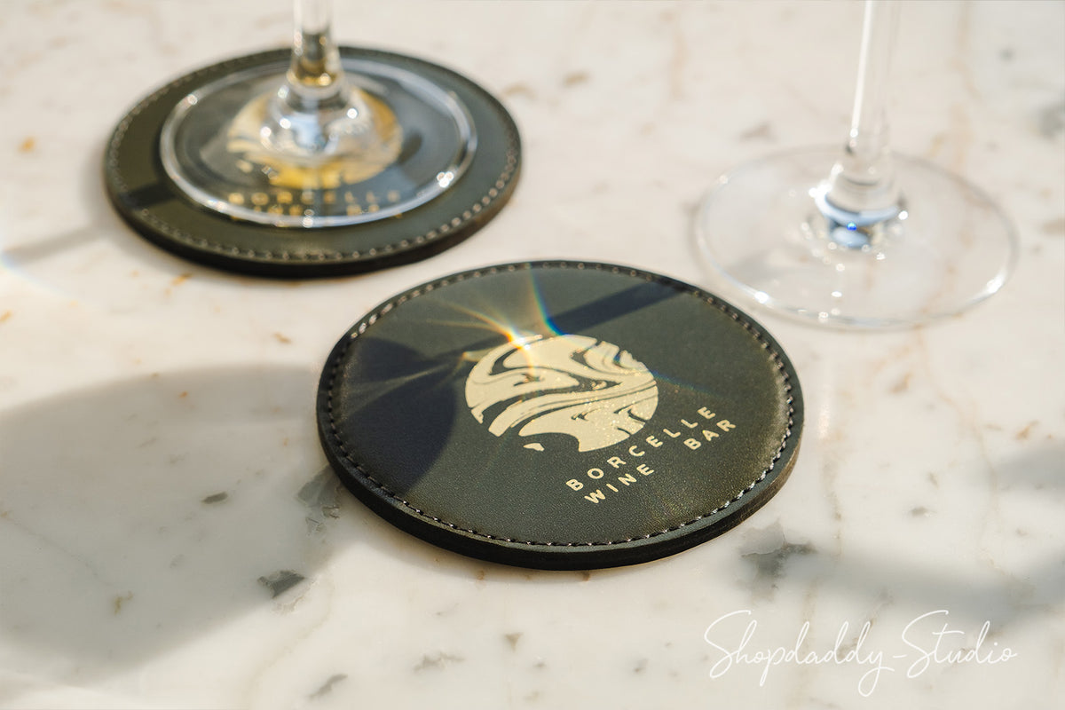Olive Double Leather Coasters with Stitching (5 pcs) for bar