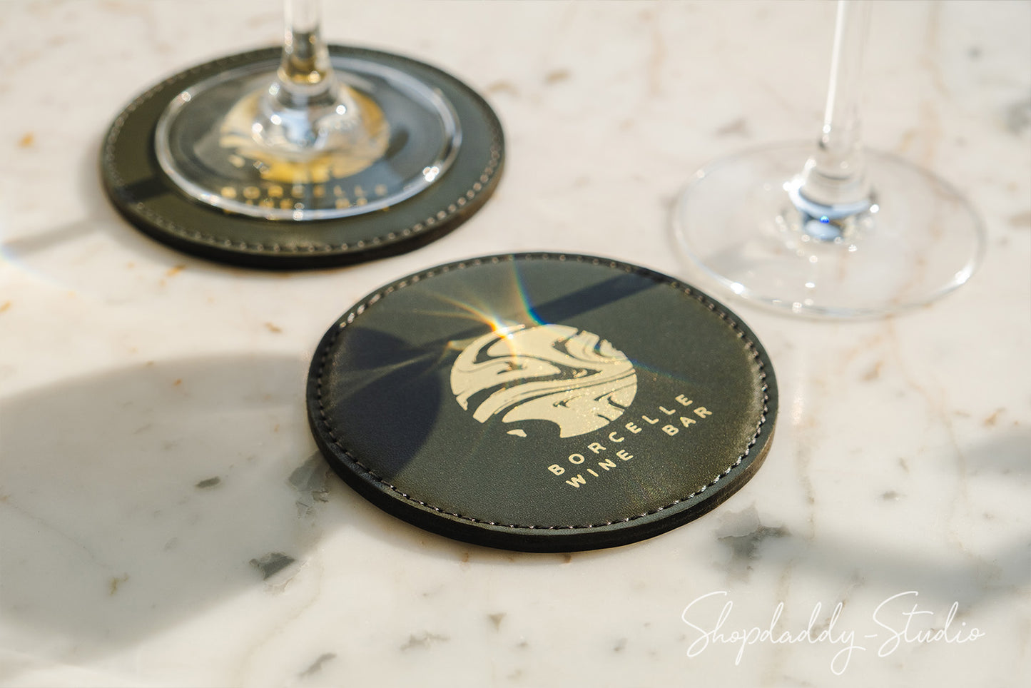Olive Double Leather Coasters with Stitching (5 pcs) for bar