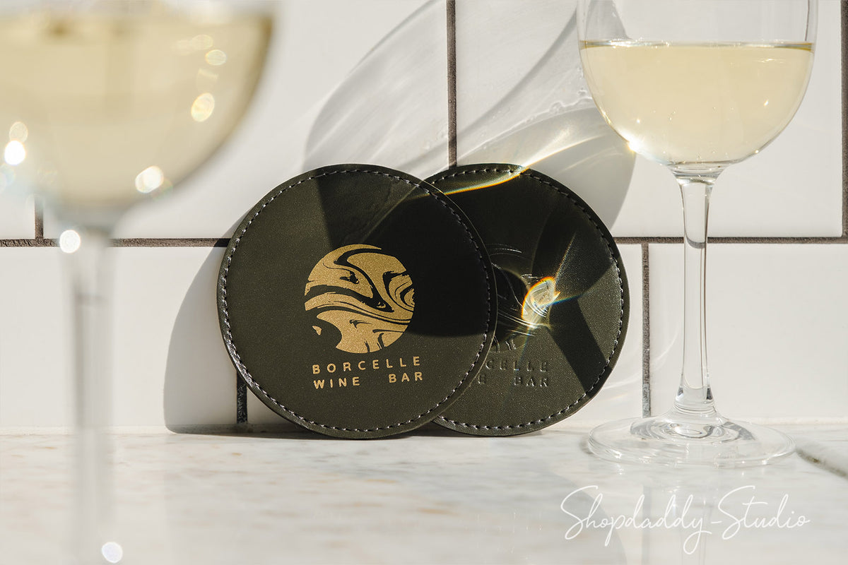 Olive Double Leather Coasters with Stitching (5 pcs) for cafe