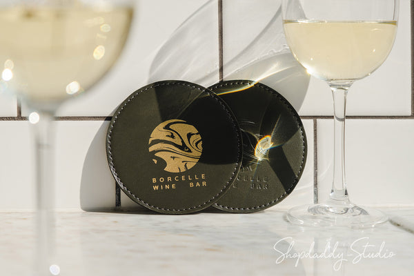 Olive Double Leather Coasters with Stitching (5 pcs) for cafe