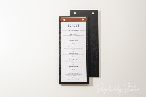 Personalied Wooden Menu Holder With Rounded Leather Plank For Wine List Menu