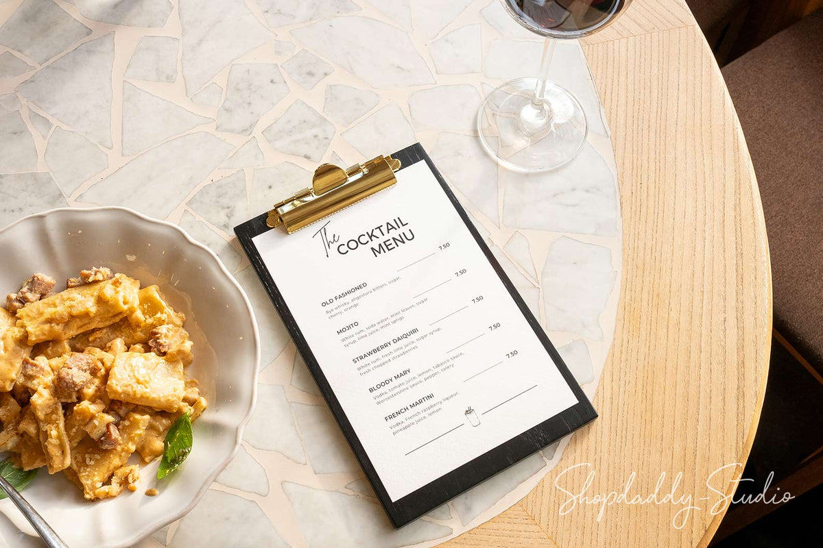 Personalized Black Ashwood Menu Holder with Golden Clip for restaurant