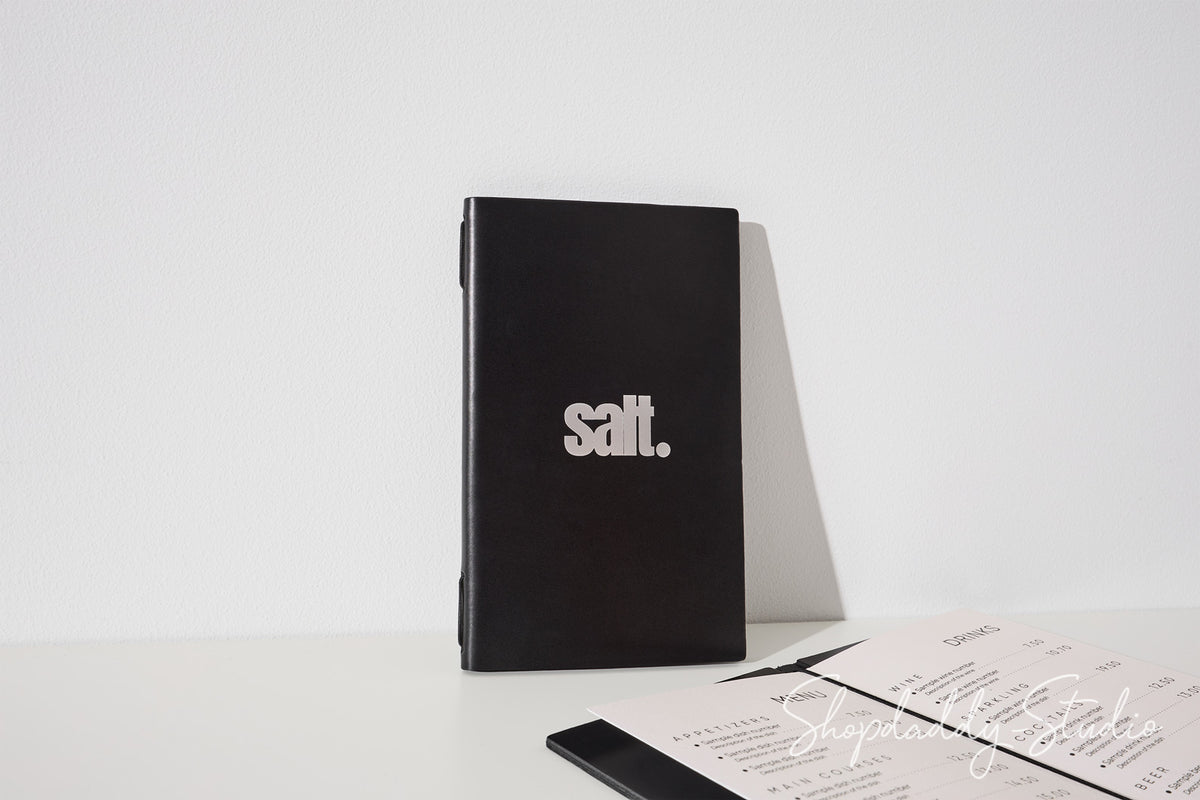 Personalized Black Double Thick Leather Menu Cover with Elastic Band