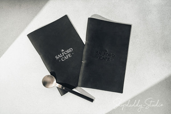 Personalized Black Leather Menu Book with Steel Rings for restaurant