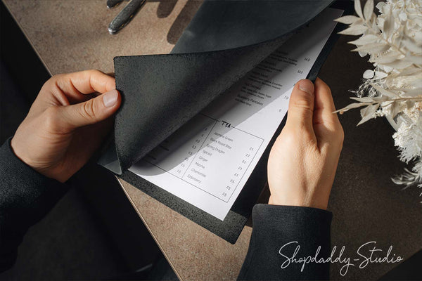 Personalized Black Leather Menu Cover with Steel Rings for cafe