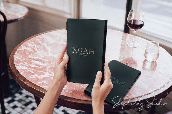 Personalized Black Leather Menu Folder with Two Elastic Bands