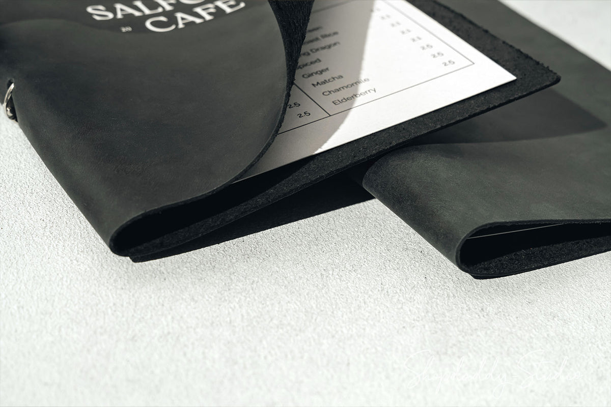Personalized Black Leather Menu Holder with Steel Rings for cafe