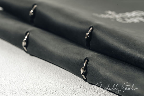 Personalized Black Leather Menu Holder with Steel Rings for drink menu