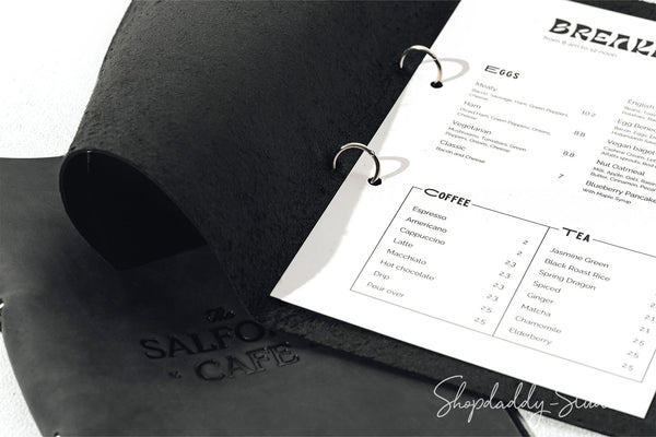 Personalized Black Leather Menu Holder with Steel Rings for food menu