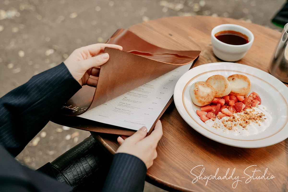 Personalized Brown Leather Menu Booklet with Golden Rings for restaurant