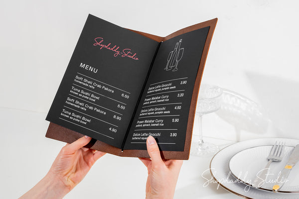 Personalized Brown Leather Menu Folder with Topographic Pattern for restaurant