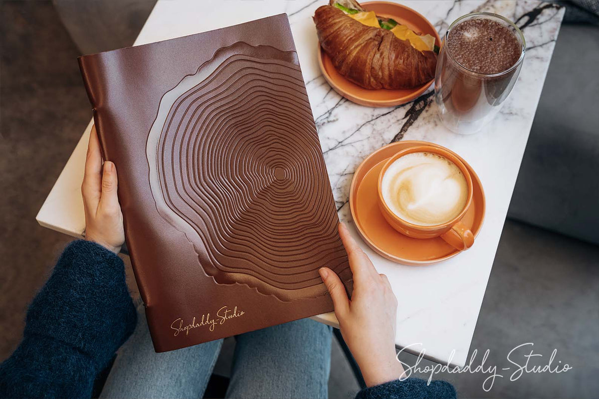 Personalized Brown Leather Menu Folio with Golden Rings for bar