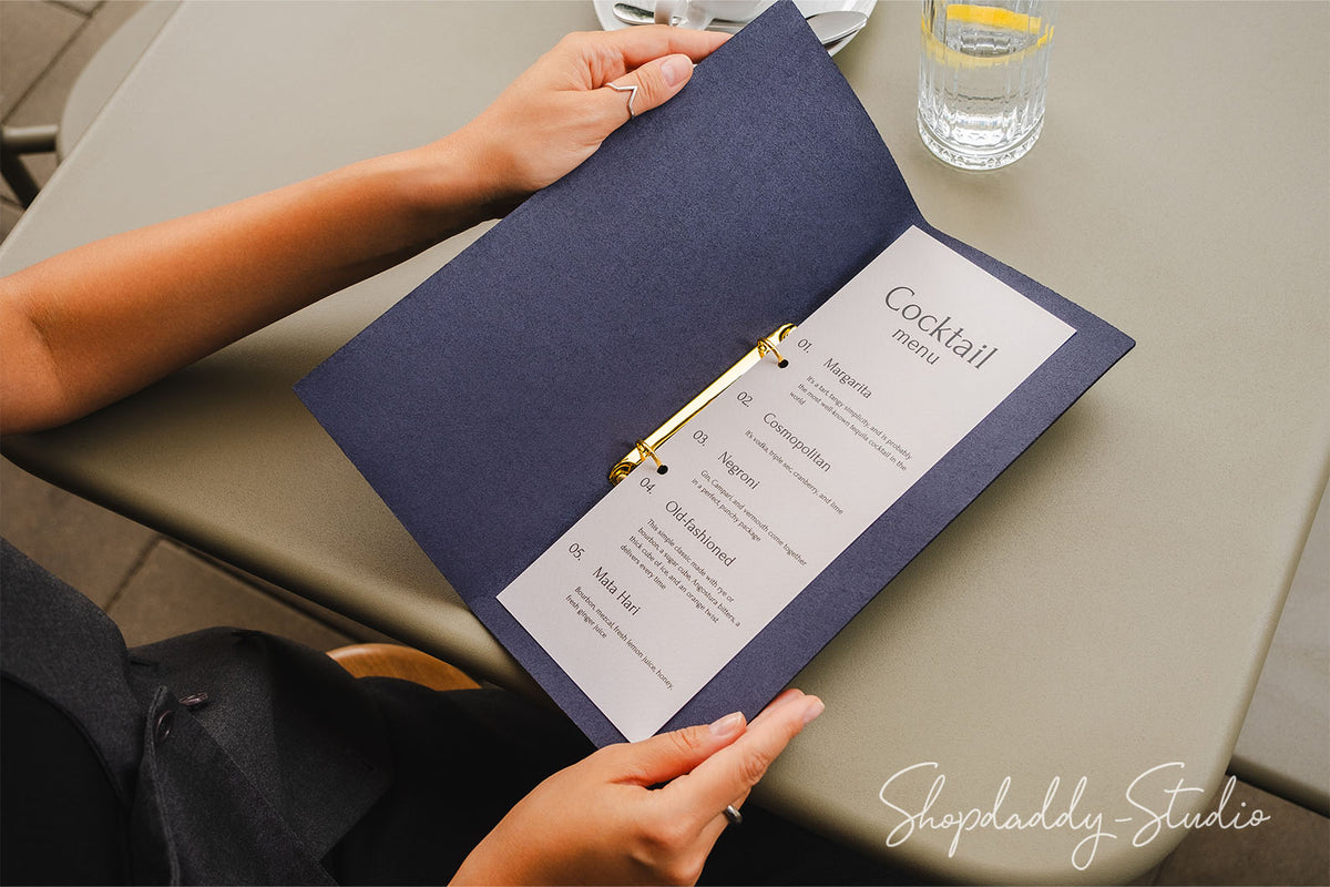 Personalized Dark Blue Leather Binderview Menu Cover for cocktail menu