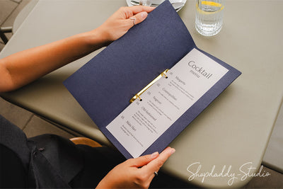 Personalized Dark Blue Leather Binderview Menu Cover for cocktail menu