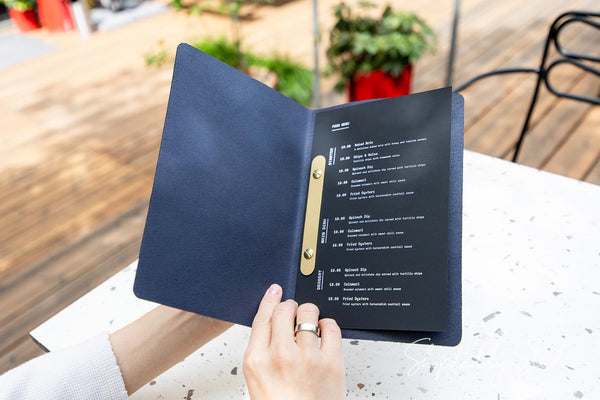 Personalized Dark Blue Leather Menu Cover with Brass Plank for beverage menu