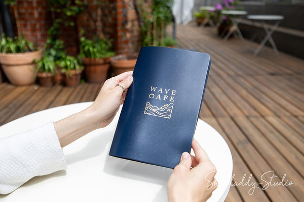 Personalized Dark Blue Leather Menu Cover with Brass Plank for food menu