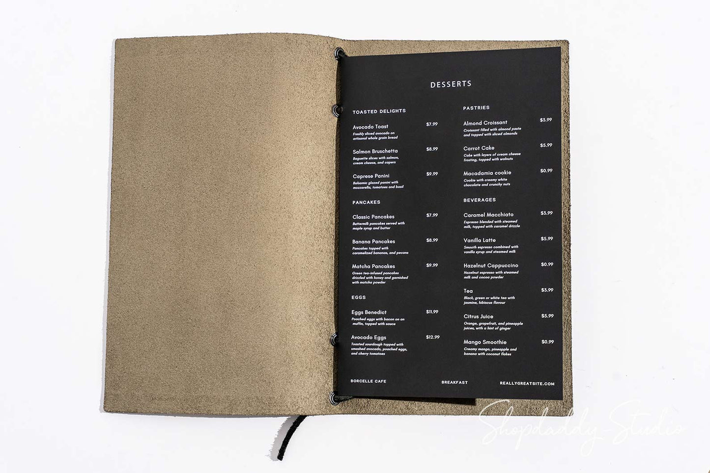 Personalized Green-Gray Leather Menu Folder with Leather Lace