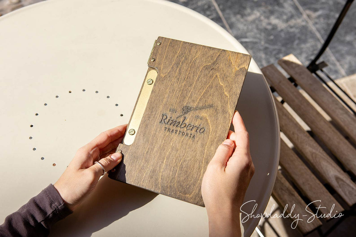 Personalized Wood Album / Menu Holder with Brass Plank for bar