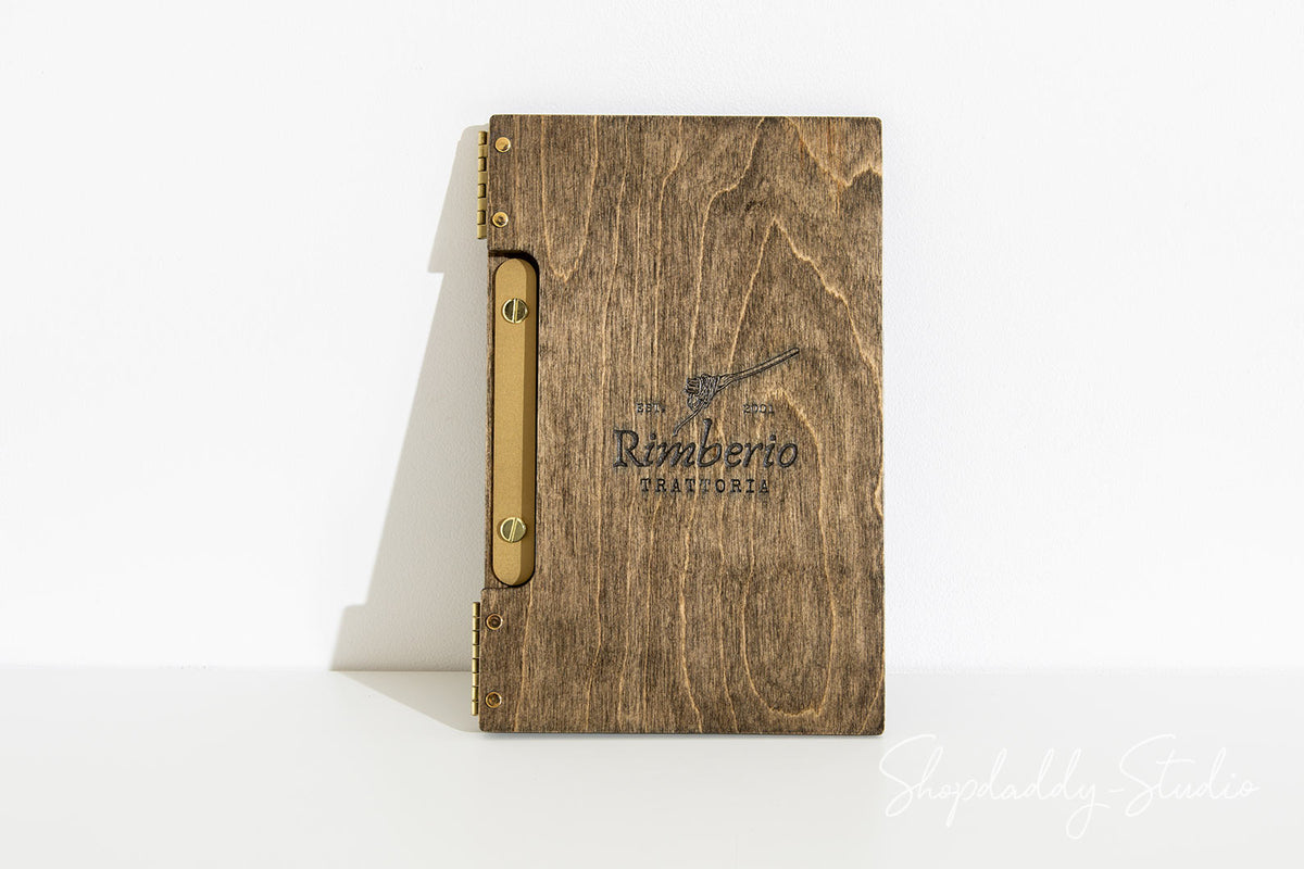 Personalized Wood Album / Menu Holder with Brass Plank for cafe