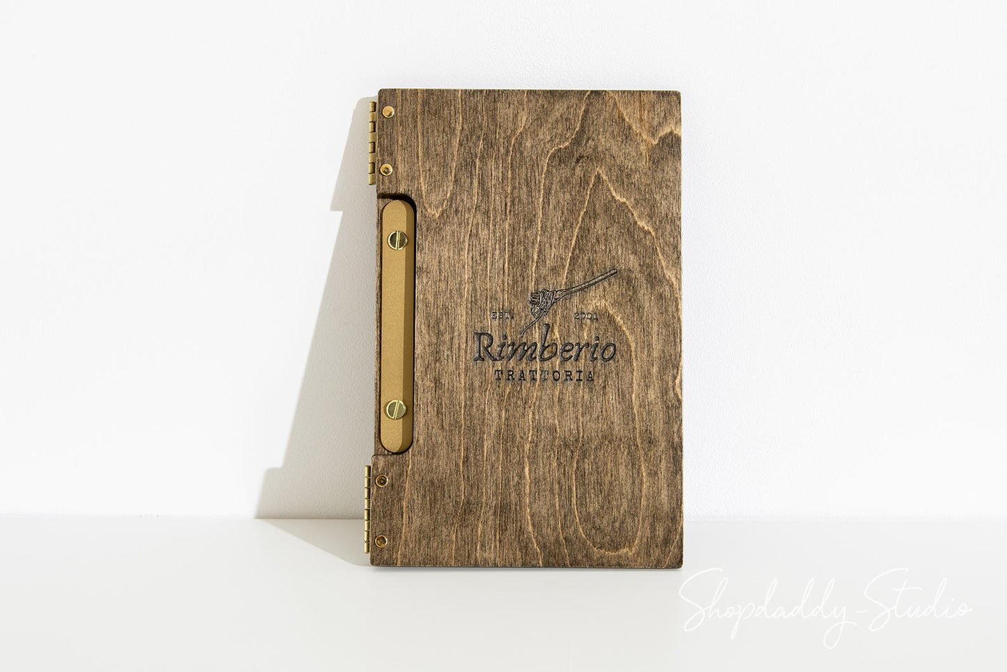Personalized Wood Album / Menu Holder with Brass Plank for cafe