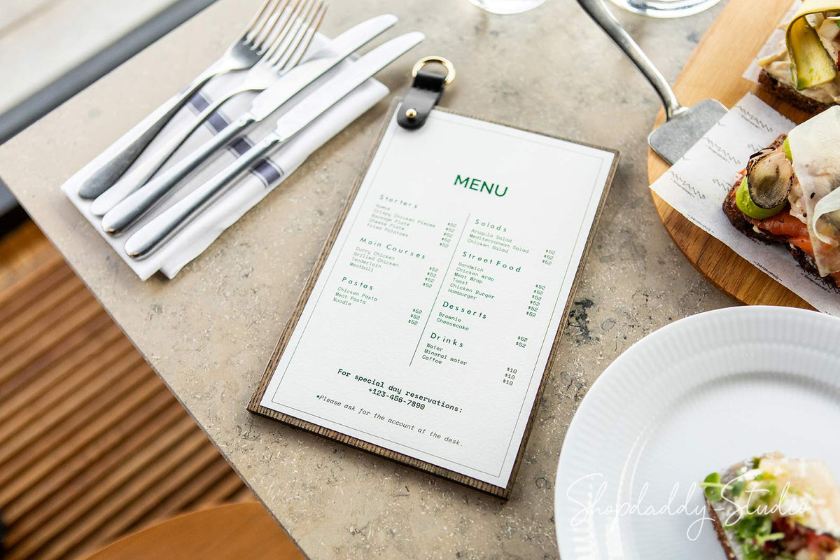 Personalized Wood Menu Board With Leather Strap & Metal Ring 
