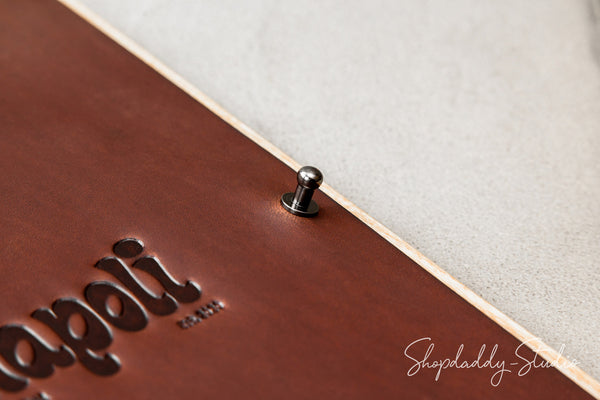 Personalized Wood Menu Holder With Leather Cover