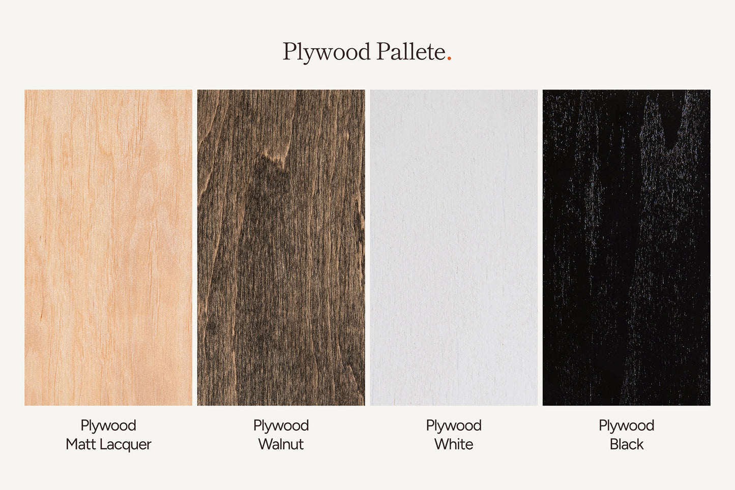 Four different plywood finishes shown with labels on a white background.