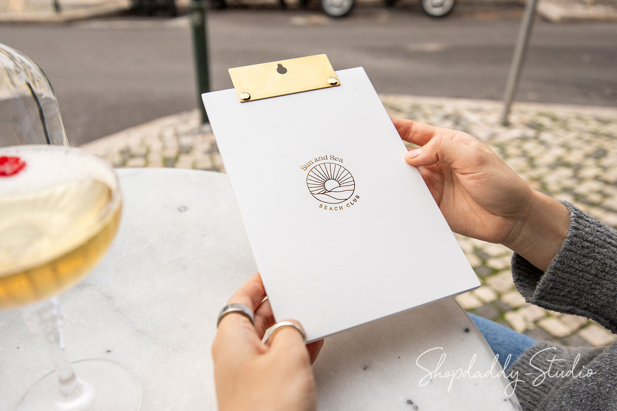 Plywood White Menu Holder with Brass Wall Mount for Cafes and Bars