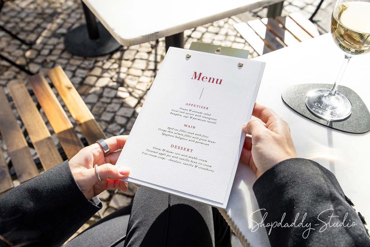 Plywood White Menu Holder with Brass Wall Mount for Hospitality