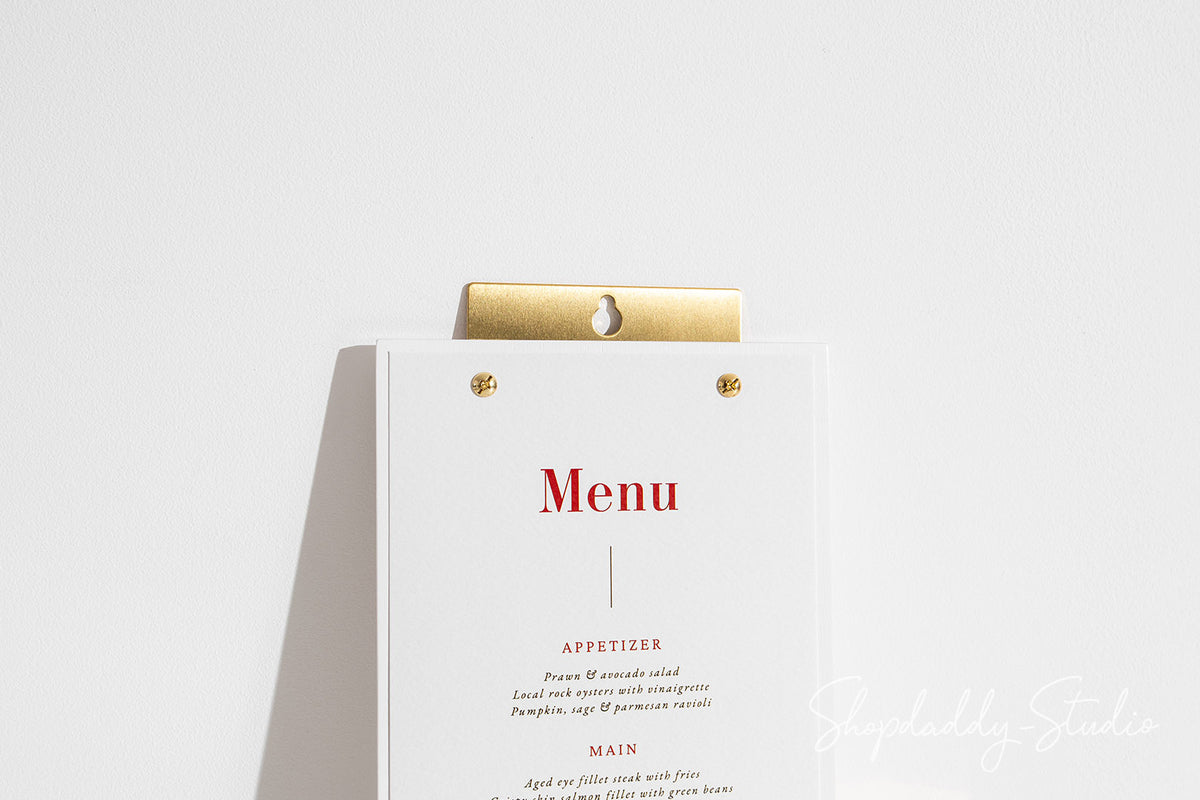 Plywood White Menu Holder with Brass Wall Mount for Menu Display