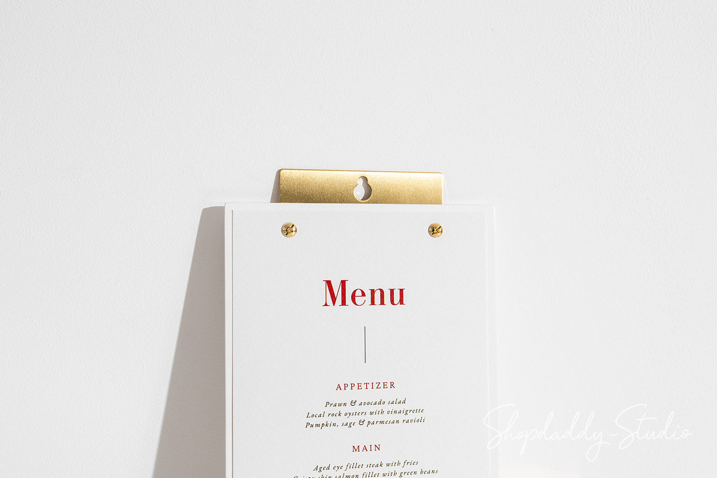 Plywood White Menu Holder with Brass Wall Mount for Menu Display