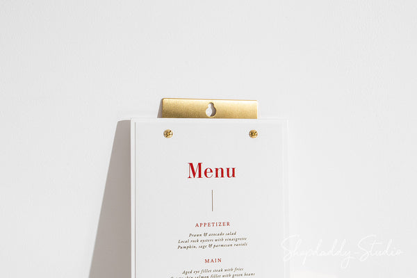 Plywood White Menu Holder with Brass Wall Mount for Menu Display