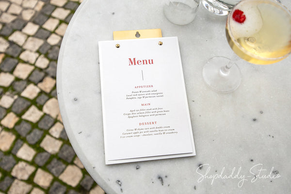 Plywood White Menu Holder with Brass Wall Mount with Custom Logo