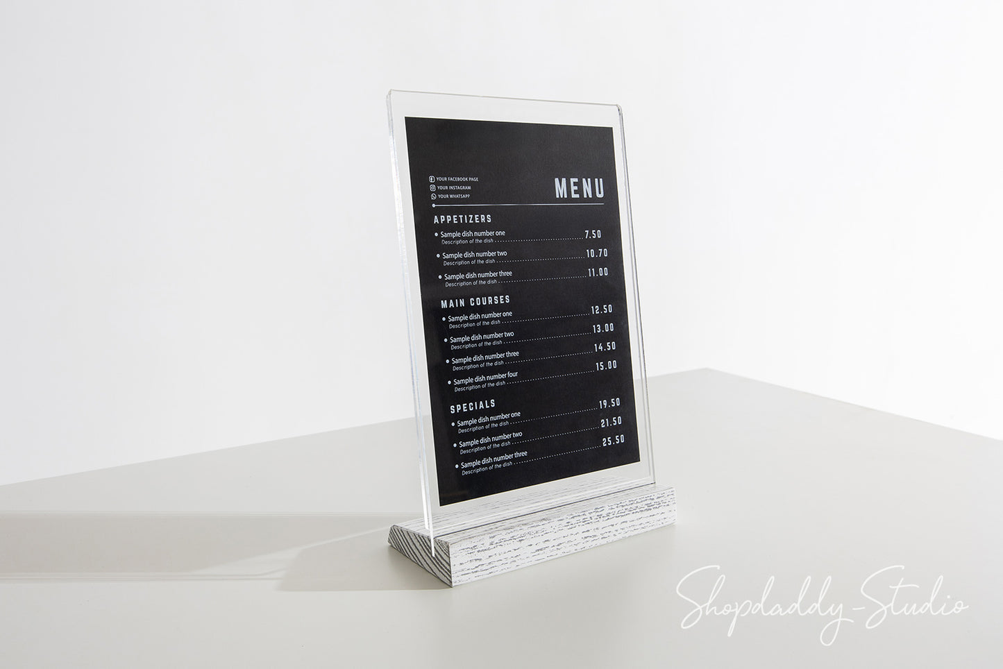 Premium Acrylic Table Tent with White Wooden Inclined Stand