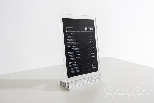 Premium Acrylic Table Tent with White Wooden Inclined Stand