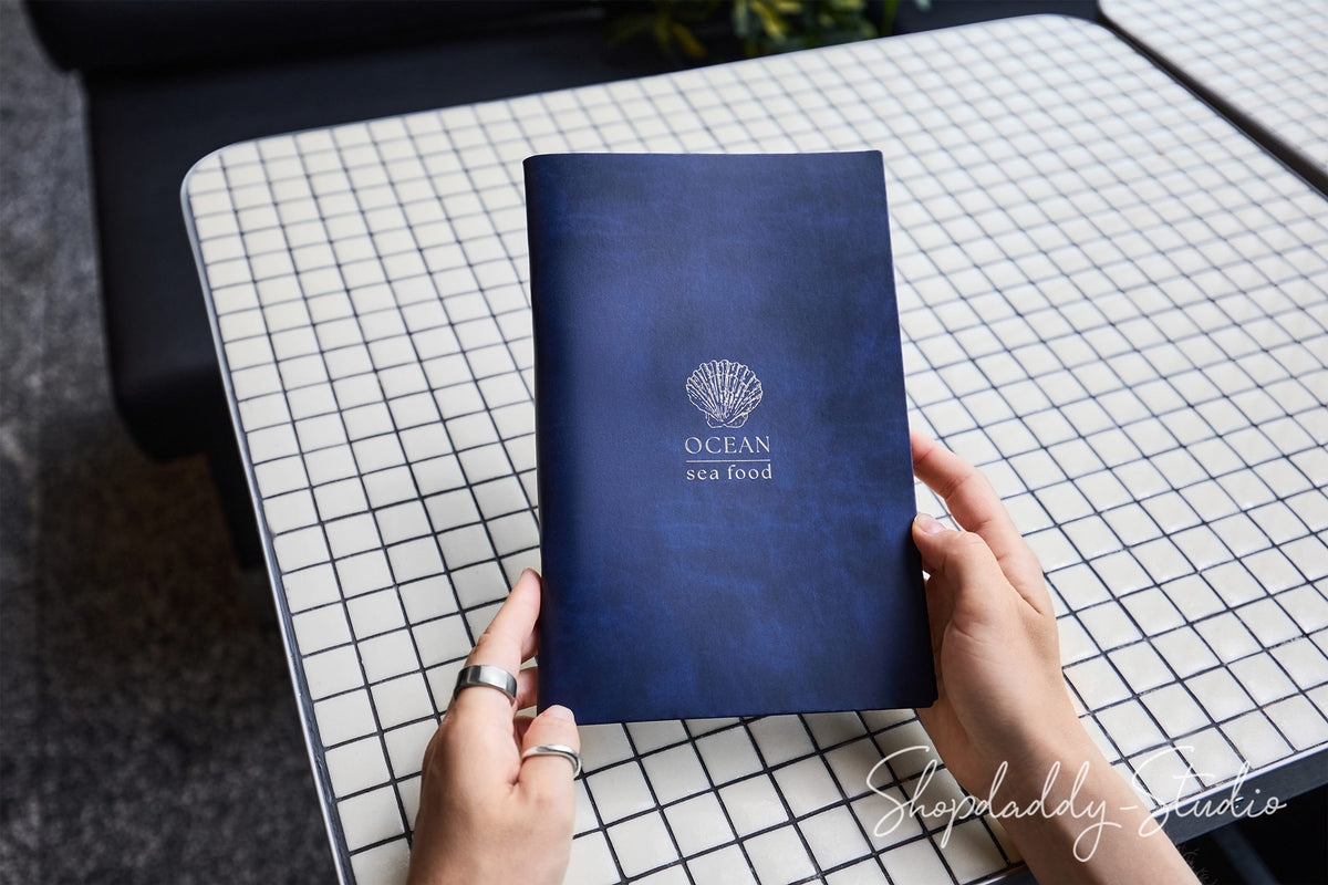 Premium Antique Blue Recycled Leather Menu Cover with Rings Mechanism