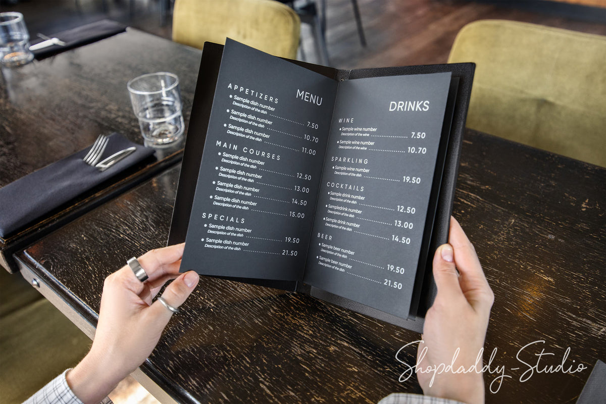 Premium Black Double Thick Leather Menu Cover with Elastic Band